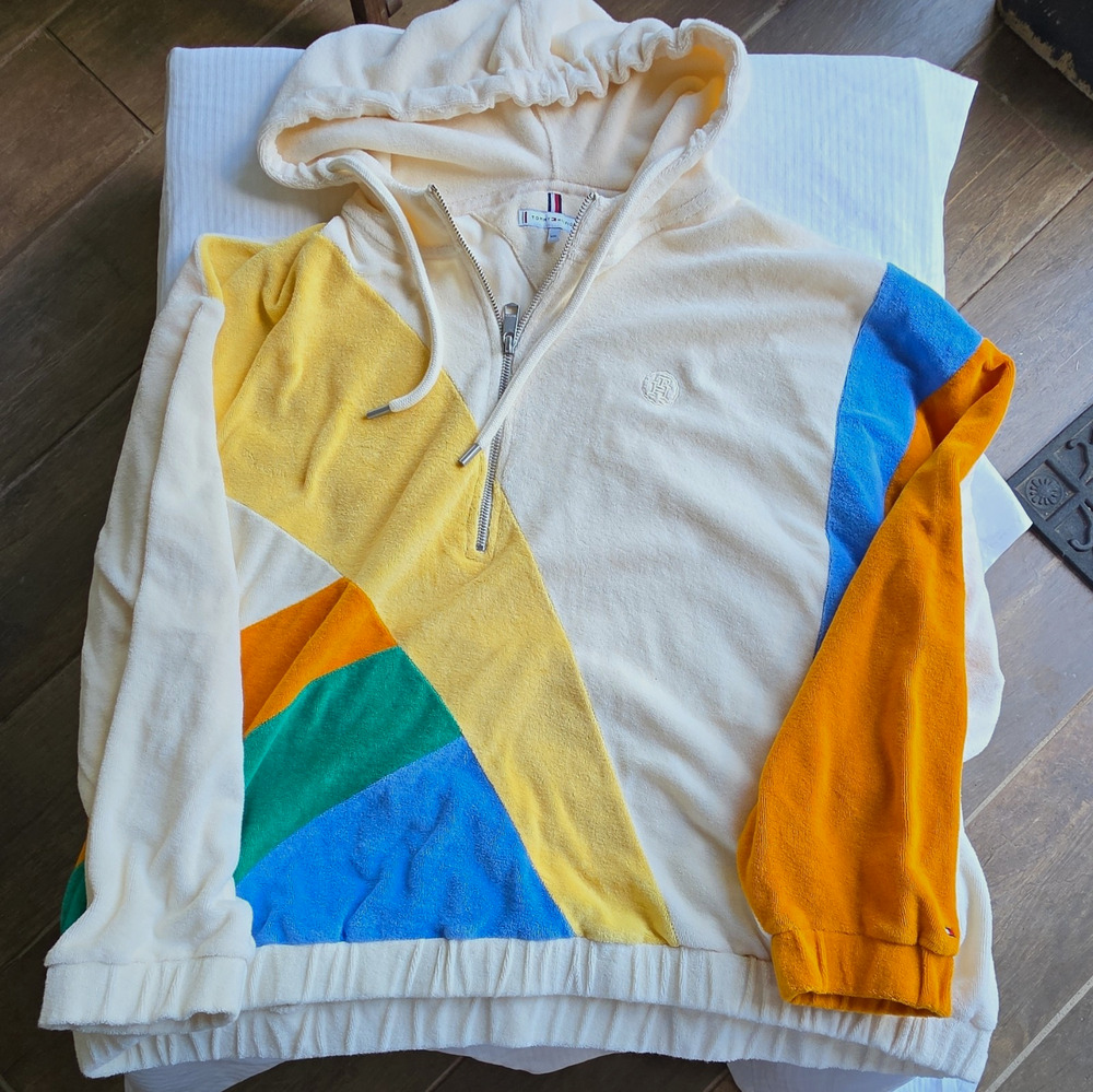 HTF Tommy Hilfiger TH Mono Colour Blocked Towelling Relaxed Hoodie Sz. XXL